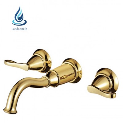 Golden 3 hole wall mount faucets mixers tap brass wall mounted hidden bathroom basin mixer taps faucet