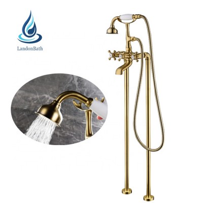 Luxury cross handle antique brushed gold plated bathtub faucets brass freestanding bathroom shower faucet set with hand held