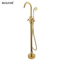 Antique Royal Bathroom Floor Mounted Standing Gold UPC Roman Water Saving Bath Tub Filler Shower Faucets Taps Set Freestanding