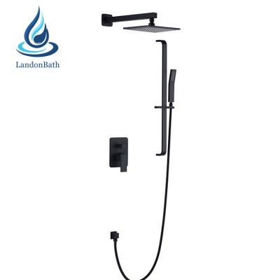 South America Hot Sell Bathroom Built-In Wall Mounted Brass Matt Black Square Concealed Hidden Rainfall Shower Faucet Set